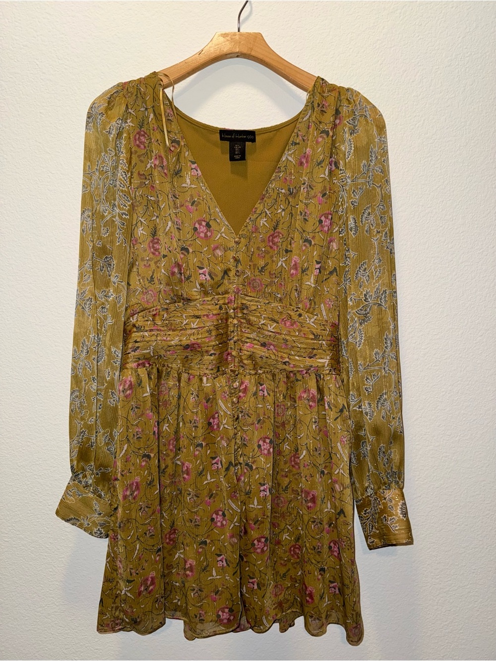 House of Harlow 1960 Floral Mini Dress Olive Green Pink Size L